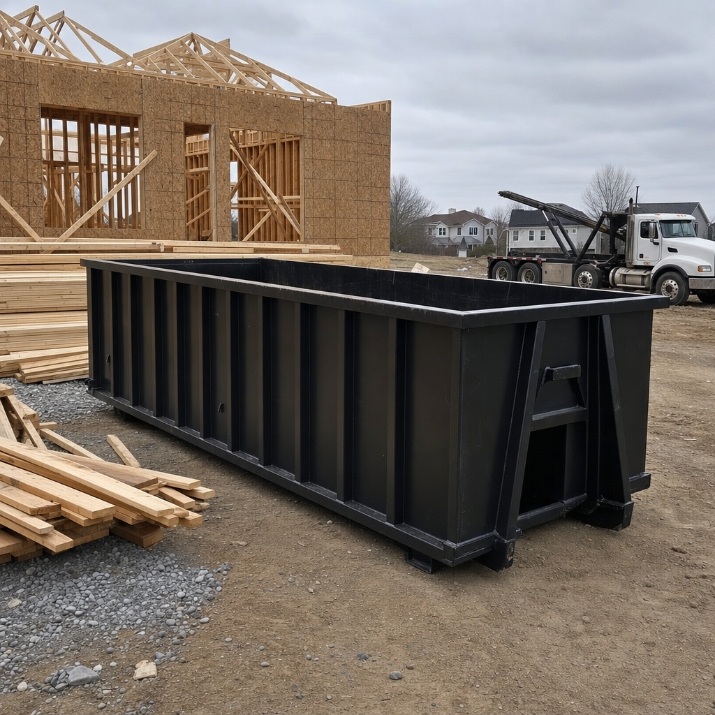 Matte-black 40-yard roll-off dumpster staged on a framed-out residential construction site in Bristol, framing lumber stacked nearby, hooklift delivery truck visible in the background under bright Colorado daylight