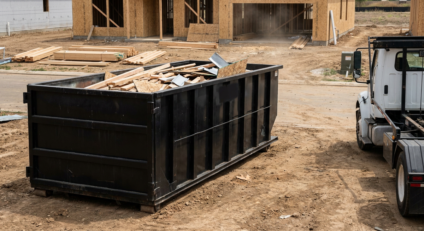 Matte-black 20-yard roll-off construction dumpster with heavy ribbed steel sidewalls and swing rear doors at a working jobsite in Bristol, sitting directly on compacted dirt with an unmarked white hauler partially visible at the far edge of the frame.