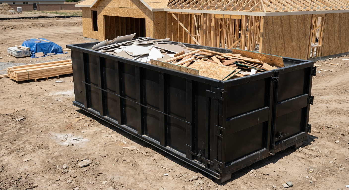 Matte-black 30-yard roll-off construction dumpster sitting directly on the compacted-dirt site of a framed single-family home build in Bristol, drywall and lumber scrap loaded inside.