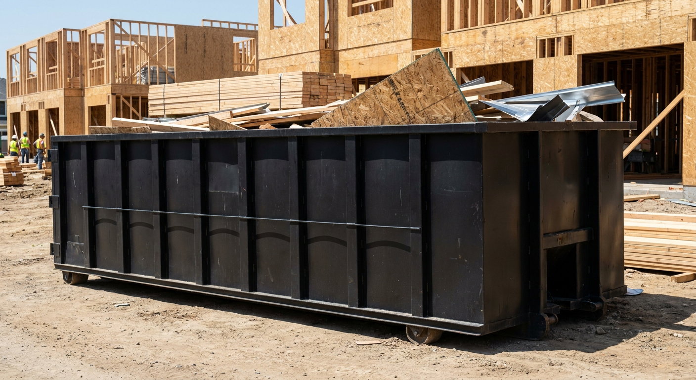Matte-black 40-yard roll-off construction dumpster being lowered from a white-cab hooklift delivery truck onto the compacted-dirt jobsite at a commercial build site in Bristol
