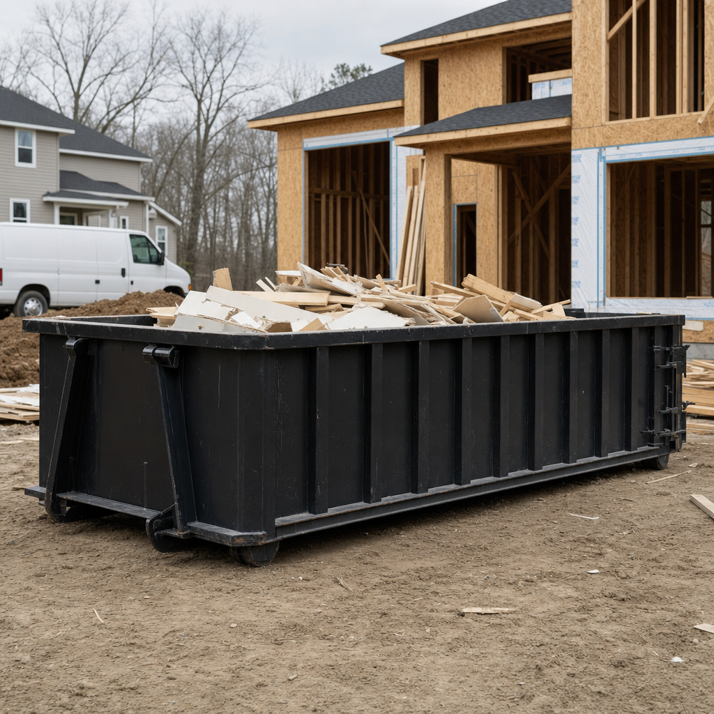 Worker in a yellow high-visibility vest tossing framing lumber and broken drywall into a matte-black 30-yard construction roll-off dumpster on an active build site in Bristol, bright daylight