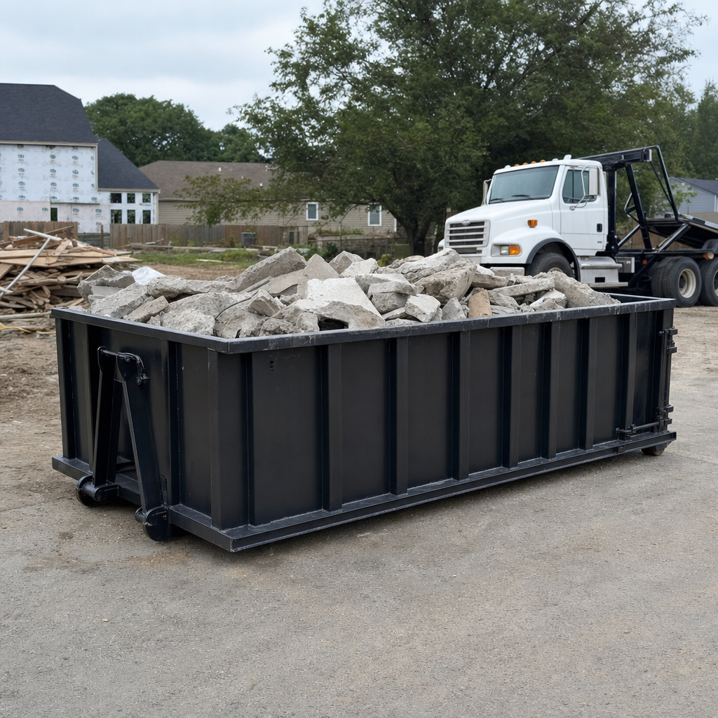 Low-profile matte-black lowboy roll-off dumpster loaded with broken concrete slab and rebar at a foundation tear-out in Bristol, skid steer parked beside it, sunny Colorado morning