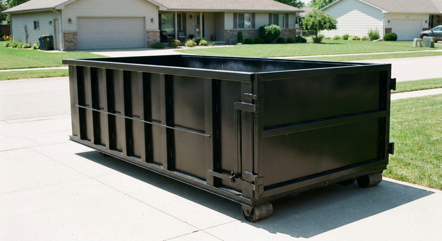 Matte-black 10-yard roll-off dumpster on a residential concrete driveway in Bristol, uniformly painted matte black across every panel and rail, ribbed steel sidewalls and rear swing door visible, mid-day daylight.