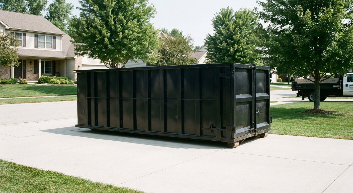 Matte-black 20-yard roll-off dumpster sitting level on a clean Bristol residential concrete driveway under bright daylight, demonstrating clean placement directly on the concrete.