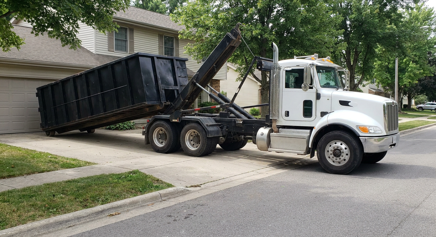 White-cab hooklift roll-off truck actively lowering a matte-black dumpster onto a Bristol residential concrete driveway, the dumpster's rear wheels touching the driveway as the hoist arm tilts the bed forward, mid-morning daylight.