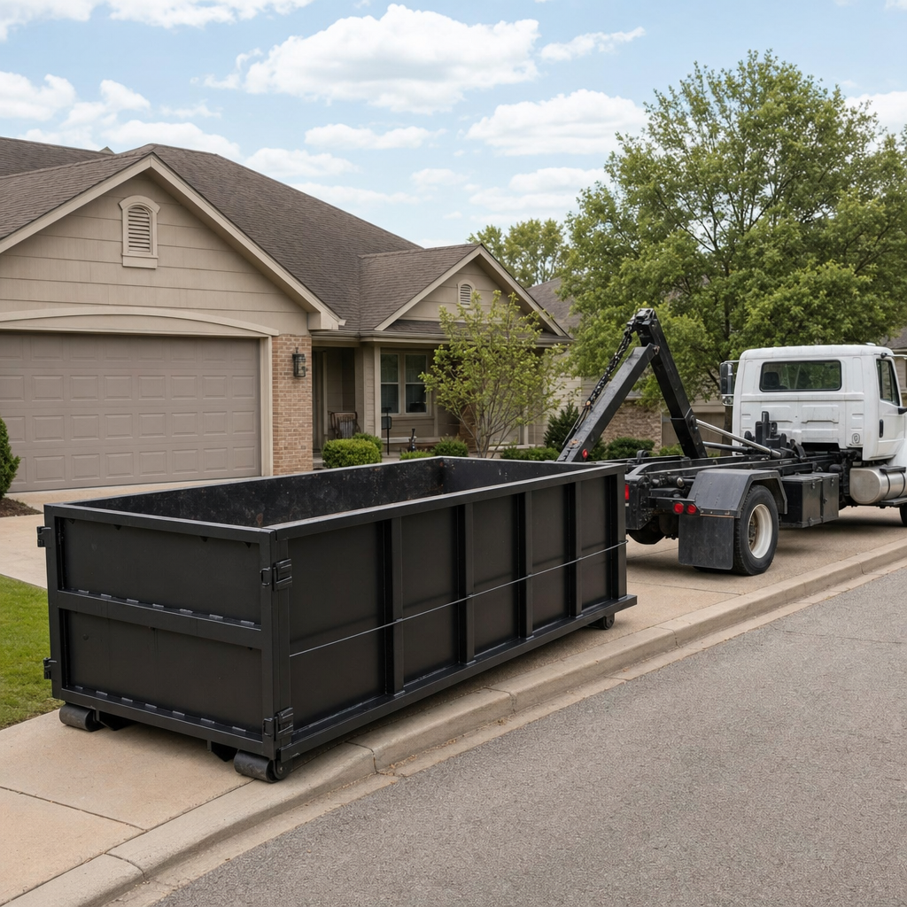 Wide documentary shot of a matte-black roll-off dumpster on a Bristol residential driveway in the foreground and a contractor jobsite container in the soft-focus background, bright daylight, calm and orderly composition.