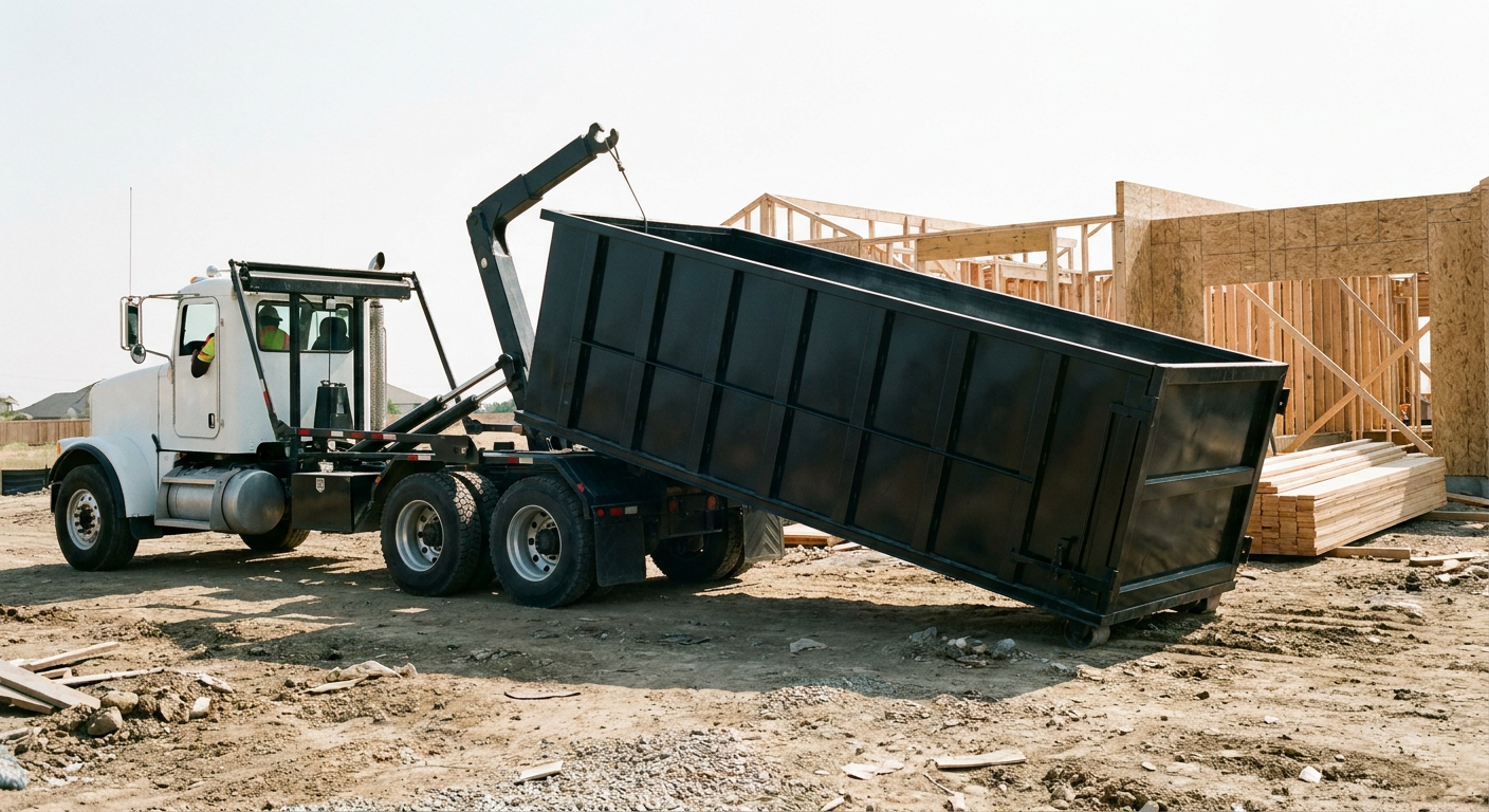 Matte-black roll-off dumpster being delivered onto a clean residential concrete driveway in Bristol by an unmarked white hooklift hauler truck, bright morning daylight, documentary 35mm perspective.
