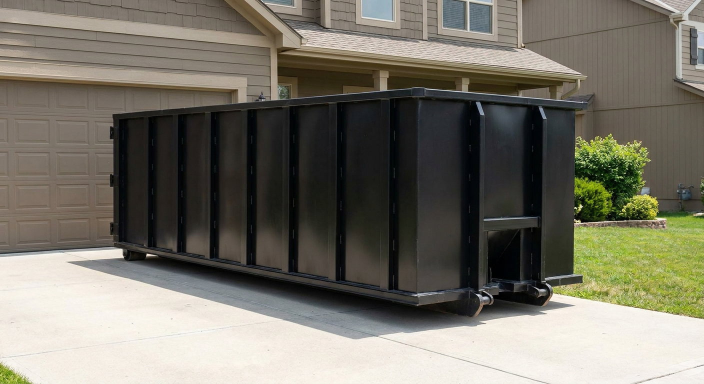 Matte-black residential roll-off dumpster sitting directly on a suburban Bristol concrete driveway, garage door closed, single-family home in background, bright morning daylight.