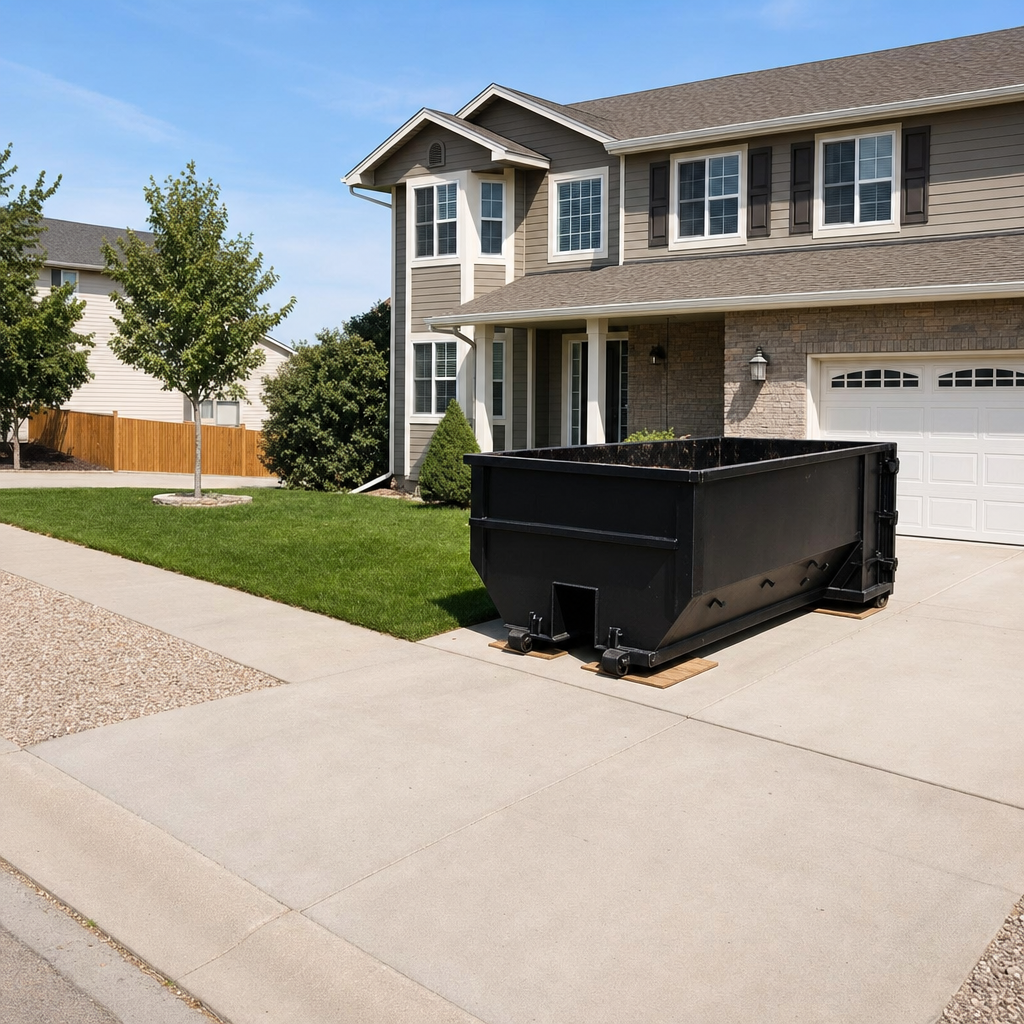 10-yard matte-black residential dumpster placed directly on a narrow Bristol concrete driveway, room remains for a parked sedan beside it, mid-morning natural light