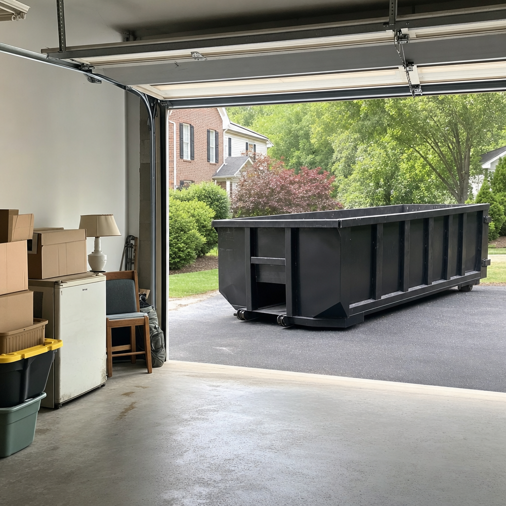 Open garage interior in a Bristol home mid-cleanout — boxed items, an old appliance, and stacked yard tools queued near the driveway for a matte-black roll-off dumpster, organized and calm