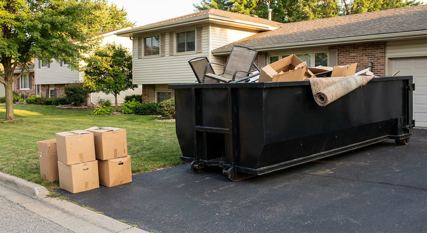 Front-yard view of a Bristol split-level home with a 20-yard matte-black roll-off dumpster sitting directly on the asphalt driveway, a few clearly labeled donation boxes staged at the curb, calm sunny afternoon.