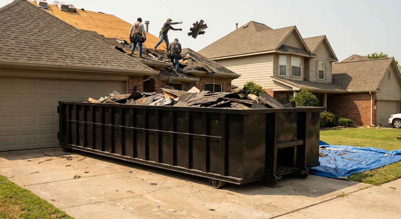 Matte-black roofing roll-off dumpster placed directly on a Bristol residential concrete driveway, a tear-off crew on a two-story asphalt-shingle roof tossing shingle bundles into the low-walled container, bright daylight, documentary 35mm perspective.