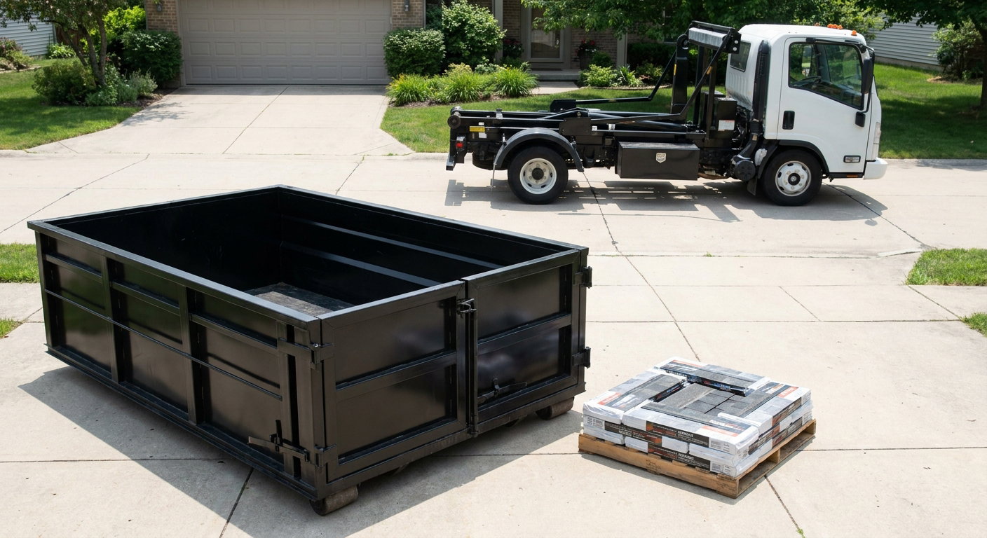 Matte-black 15-yard roofing roll-off dumpster with reinforced low side walls sitting directly on a Bristol residential concrete driveway, three-tab asphalt shingle bundles stacked nearby, an unmarked white hauler truck partially visible at the edge of the frame.