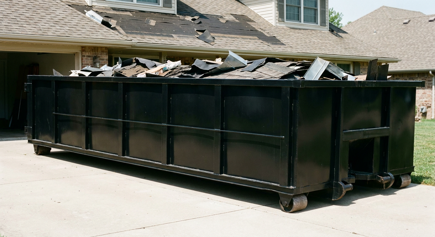 Matte-black 20-yard roofing roll-off dumpster with steel ribbed sides and swinging rear door, sitting directly on the concrete driveway of a two-story Bristol home, asphalt shingle debris being loaded over the low wall, clean documentary lighting.