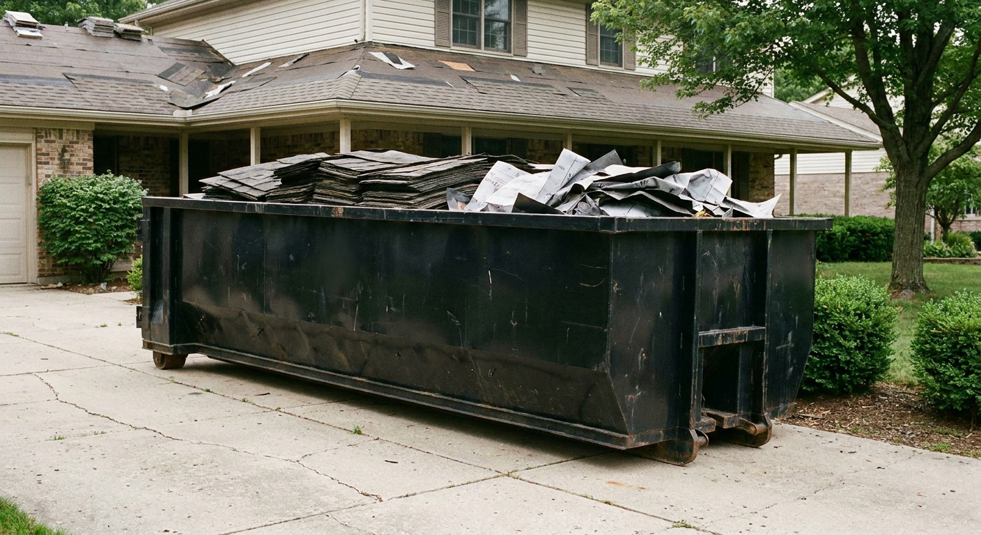 Matte-black 30-yard roofing roll-off dumpster sitting directly on a Bristol concrete driveway, taller ribbed steel side panels, mixed tear-off debris of asphalt shingles and underlayment inside, professional documentary daylight.