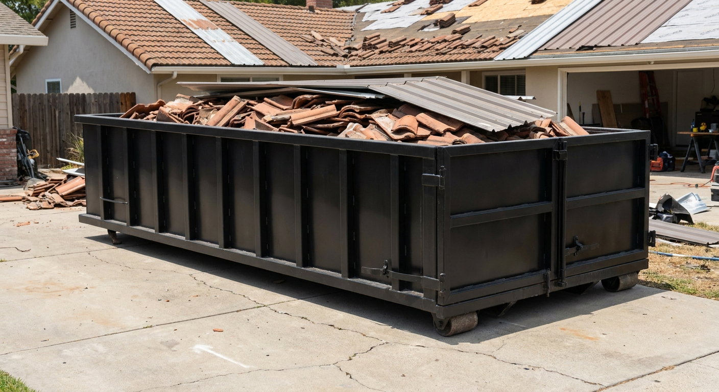 Matte-black low-wall heavy-debris roofing roll-off dumpster sitting directly on a Bristol concrete driveway, broken concrete clay roof tiles and metal panel sections loaded inside, reinforced ribbed steel side walls visible, bright outdoor daylight.