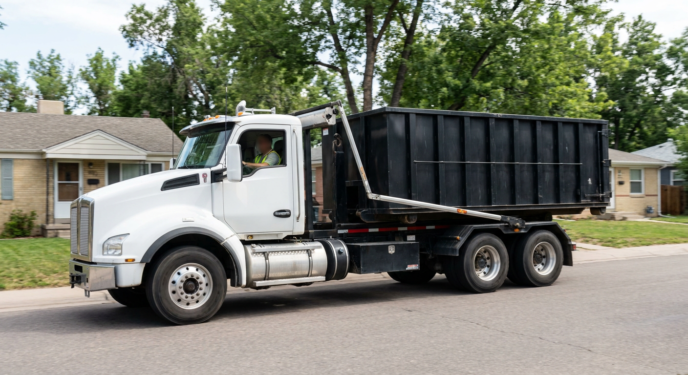 A wide documentary shot of a matte-black roll-off delivery truck pulling onto a quiet Bristol residential street at mid-morning, with neighborhood rooftops and tree-lined blocks visible behind, showing the metro coverage footprint.