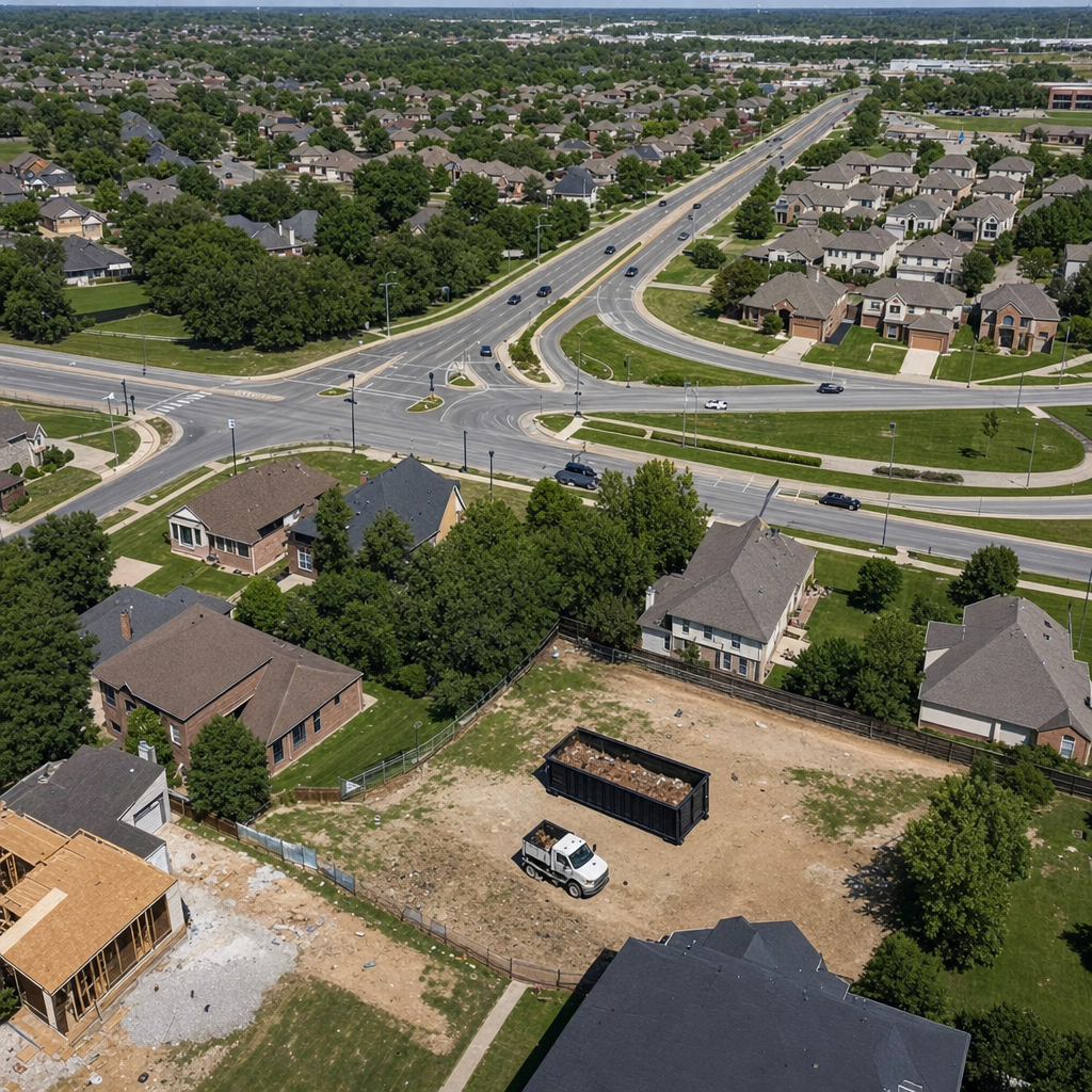 An overhead documentary view of the Bristol metro area at midday, showing the spread of neighborhoods, arterial roads, and the dispatch radius from a central yard — clean daylight, organized geographic layout.