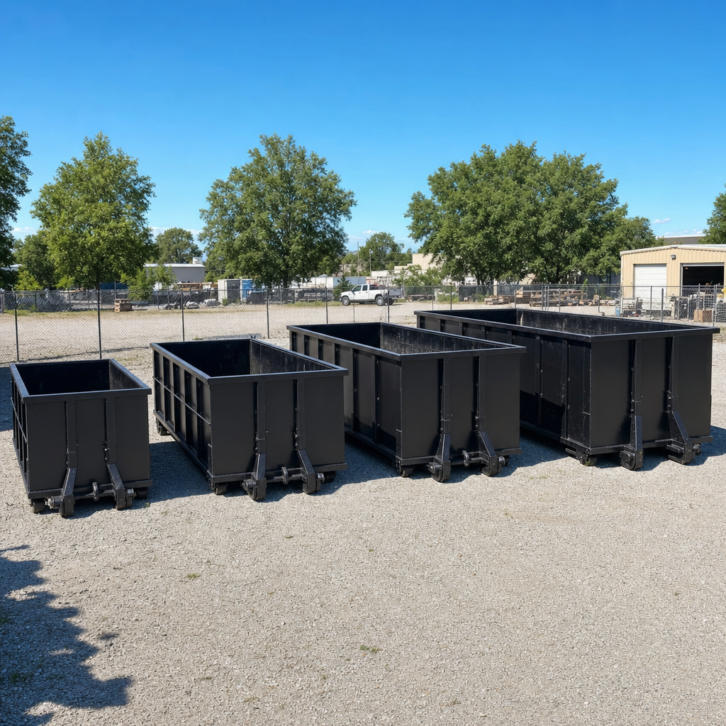 A clean lineup of matte-black roll-off dumpsters in 10, 20, 30, and 40-yard sizes staged on a sunlit gravel yard in Bristol, showing the size progression from compact to commercial-scale containers.