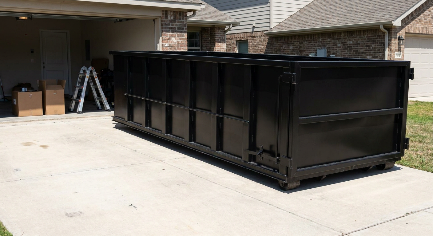 A matte-black 10-yard roll-off dumpster sitting directly on a residential Bristol concrete driveway, mid-day sunlight, clean and ready for a garage cleanout.