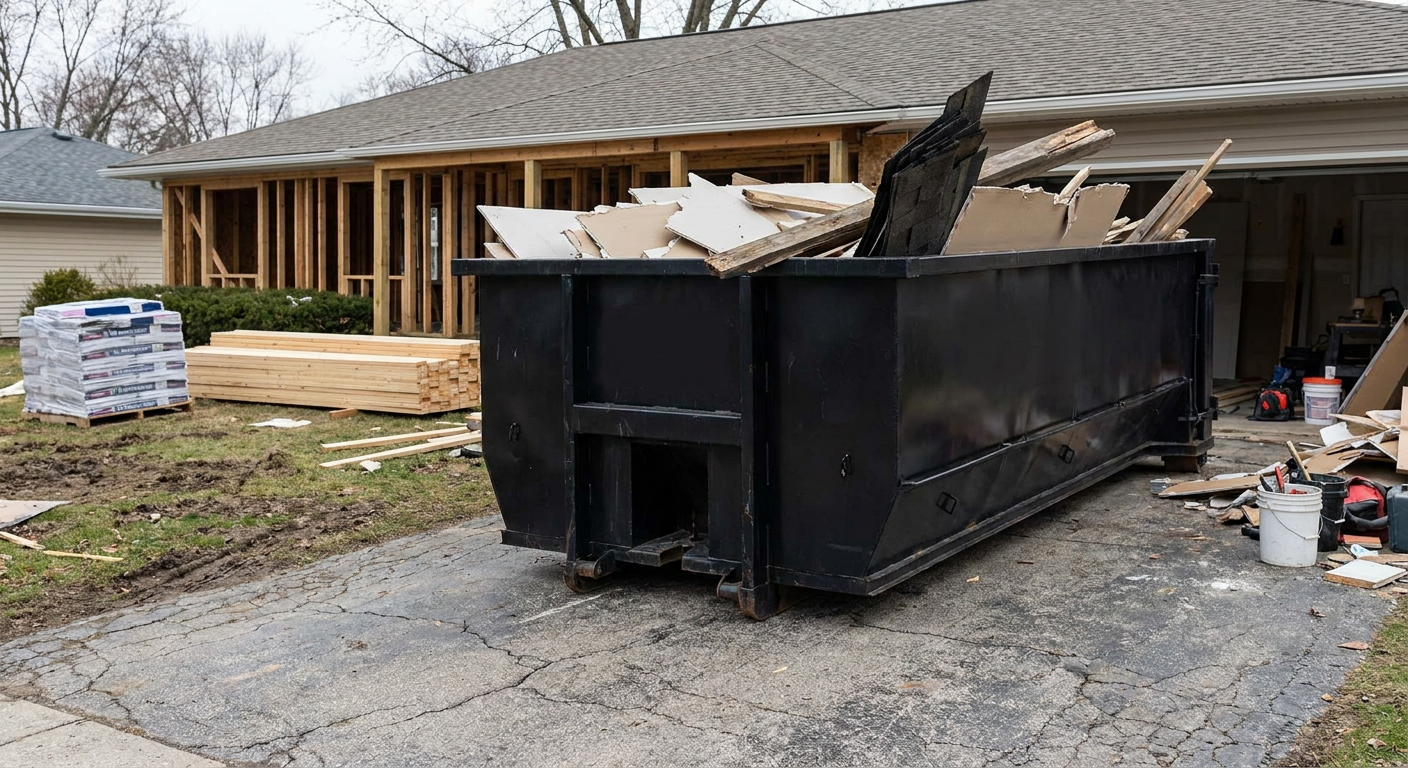 A matte-black 20-yard roll-off dumpster placed alongside a mid-renovation Bristol home directly on the asphalt driveway, with framing materials and torn-off shingles staged neatly nearby.