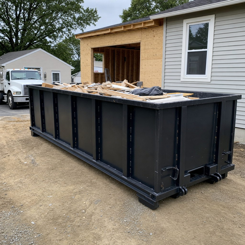 A matte-black 30-yard roll-off dumpster positioned at a Bristol residential addition jobsite, with framing lumber and drywall scraps loaded through the open swinging rear doors.