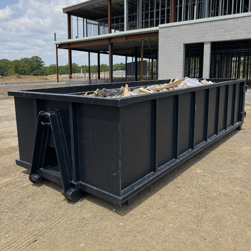 A matte-black 40-yard roll-off dumpster staged on a large Bristol commercial construction lot, with a hooklift delivery truck parked alongside under bright midday sky.