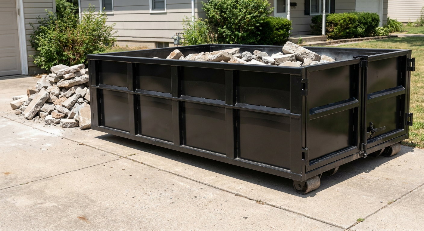 A matte-black low-side heavy-debris roll-off dumpster placed directly on a Bristol concrete driveway, with broken concrete chunks neatly stacked beside it under clean daylight.